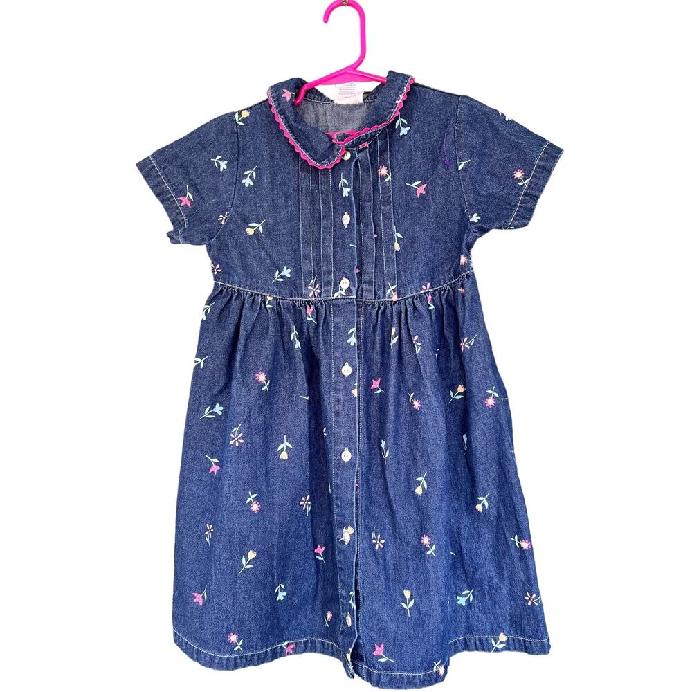 Vintage Floral Denim Carters girls button front dress with collar size 6x.